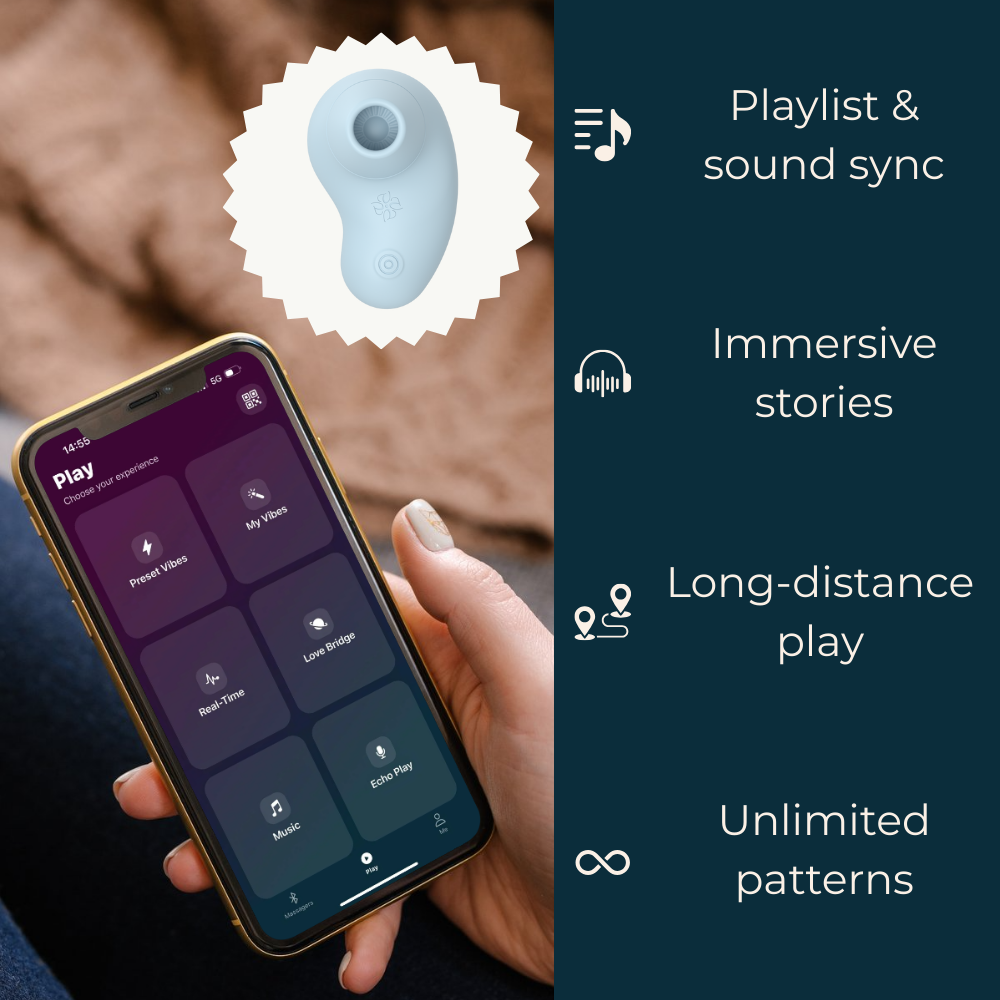 Velvet Rituals Aurora app control screen showing playlist and sound sync, immersive stories, long-distance play, and unlimited vibration patterns