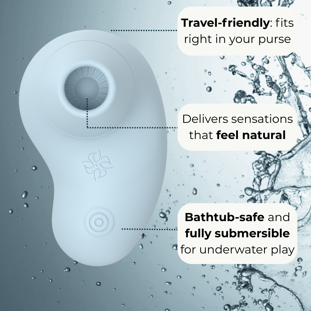 Velvet Rituals Aurora air suction massager highlighting travel-friendly design, natural-feeling sensations, and fully submersible waterproof use