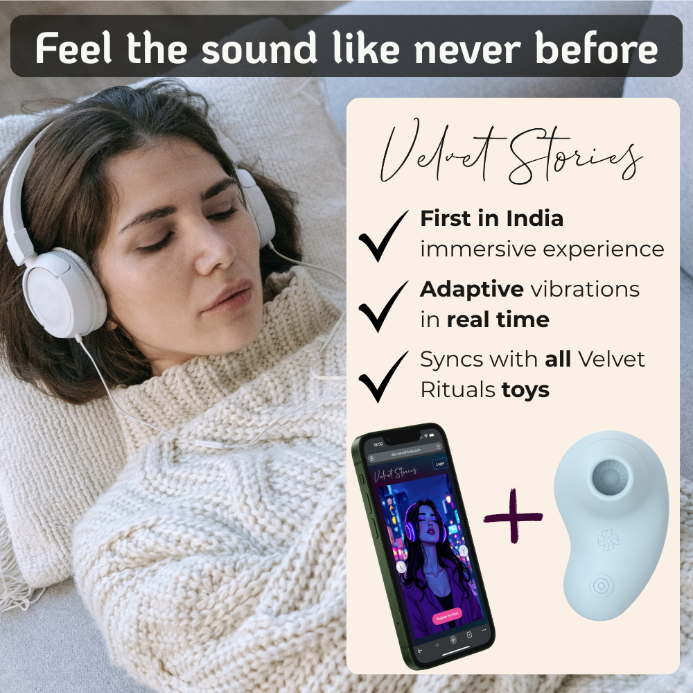 Velvet Rituals Aurora synced with Velvet Stories app, featuring immersive audio experiences with real-time adaptive vibrations