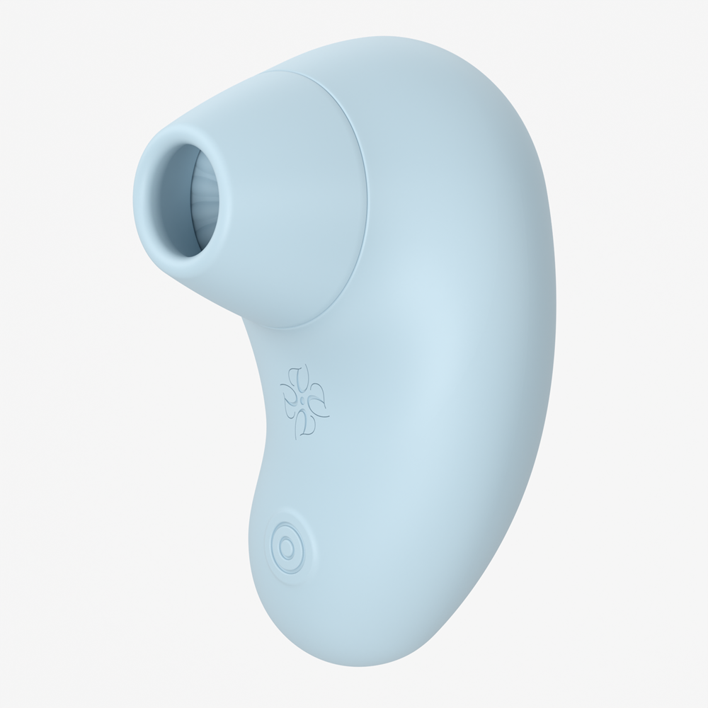 Side view of Velvet Rituals Aurora air suction and vibration massager in soft blue silicone on a white background