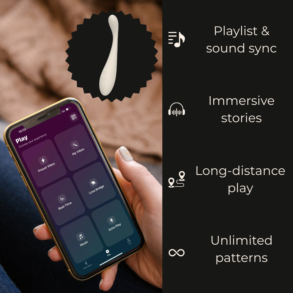 Velvet Rituals Celeste app interface showing playlist and sound sync, immersive stories, long-distance play, and unlimited vibration patterns on a smartphone