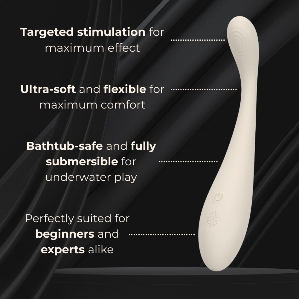 Velvet Rituals Celeste massager highlighting targeted stimulation, ultra-soft flexible design, fully submersible waterproof build, and beginner-friendly ergonomic shape