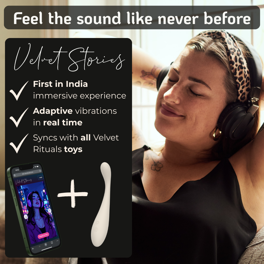 Velvet Rituals Celeste massager shown with Velvet Stories app, featuring immersive audio stories that sync adaptive vibrations in real time for a connected pleasure experience