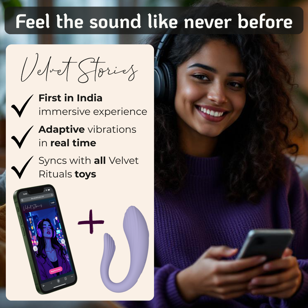 Velvet Rituals Eclipse couples massager paired with Velvet Stories app, showcasing immersive audio stories and real-time synced vibrations