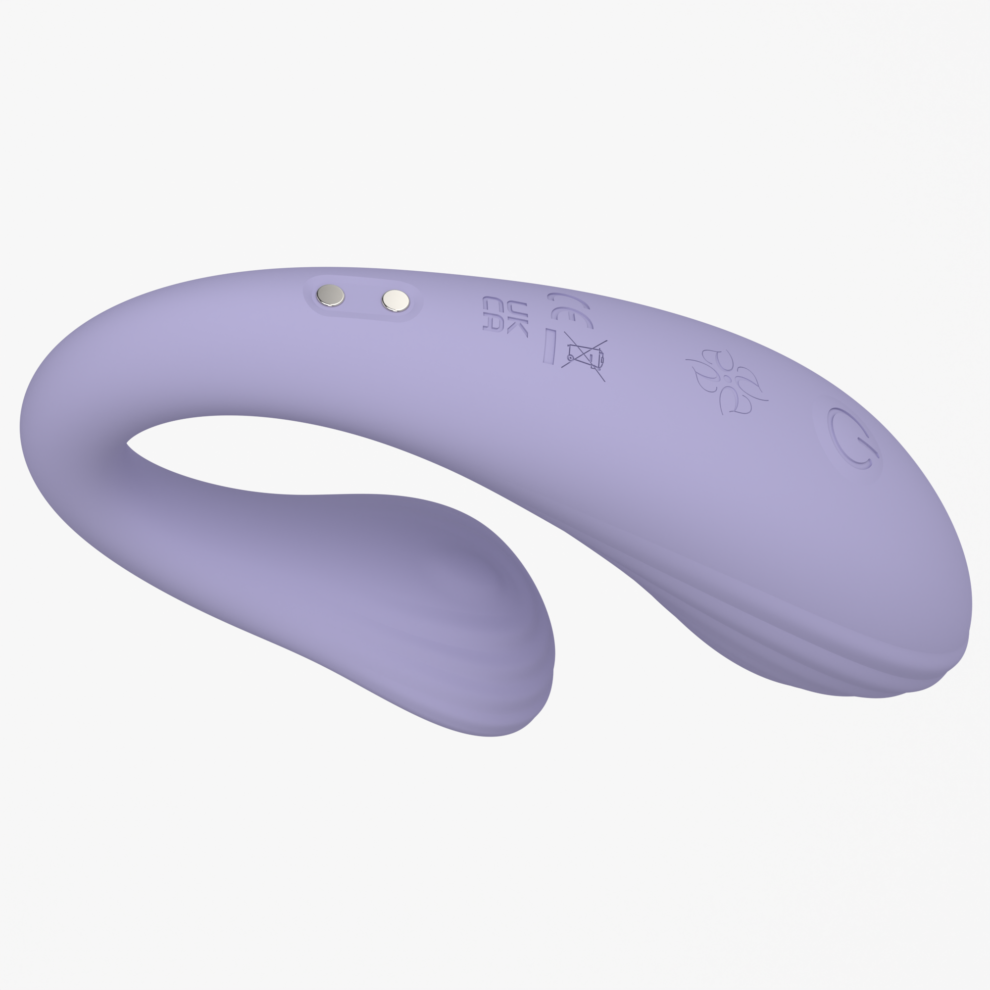 Angled product view of the Velvet Rituals Eclipse couples vibrator on a white background, highlighting the curved dual-motor design, textured silicone finish, and magnetic charging points