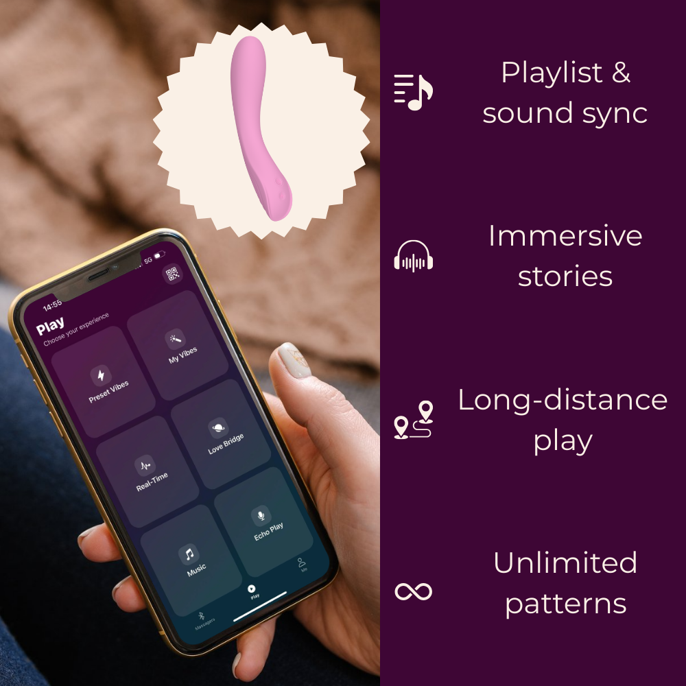 Velvet Rituals Ember internal massager shown connected to the Velvet Rituals app, featuring sound-synced playlists, immersive audio stories, long-distance play, and customizable vibration patterns