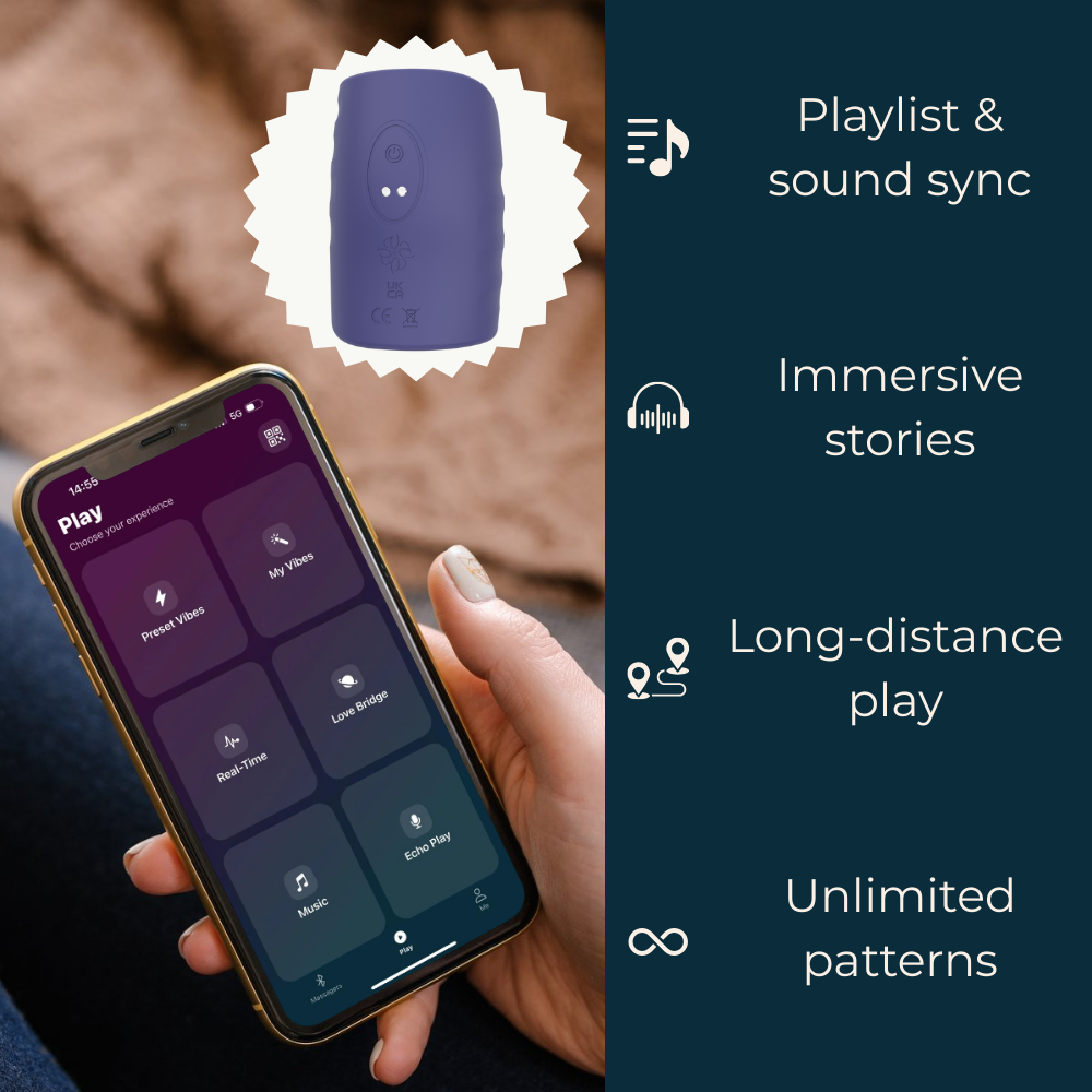 Velvet Rituals Eon app-connected massager shown with the Velvet Vibes app, featuring sound sync, immersive stories, long-distance control, and customizable vibration patterns