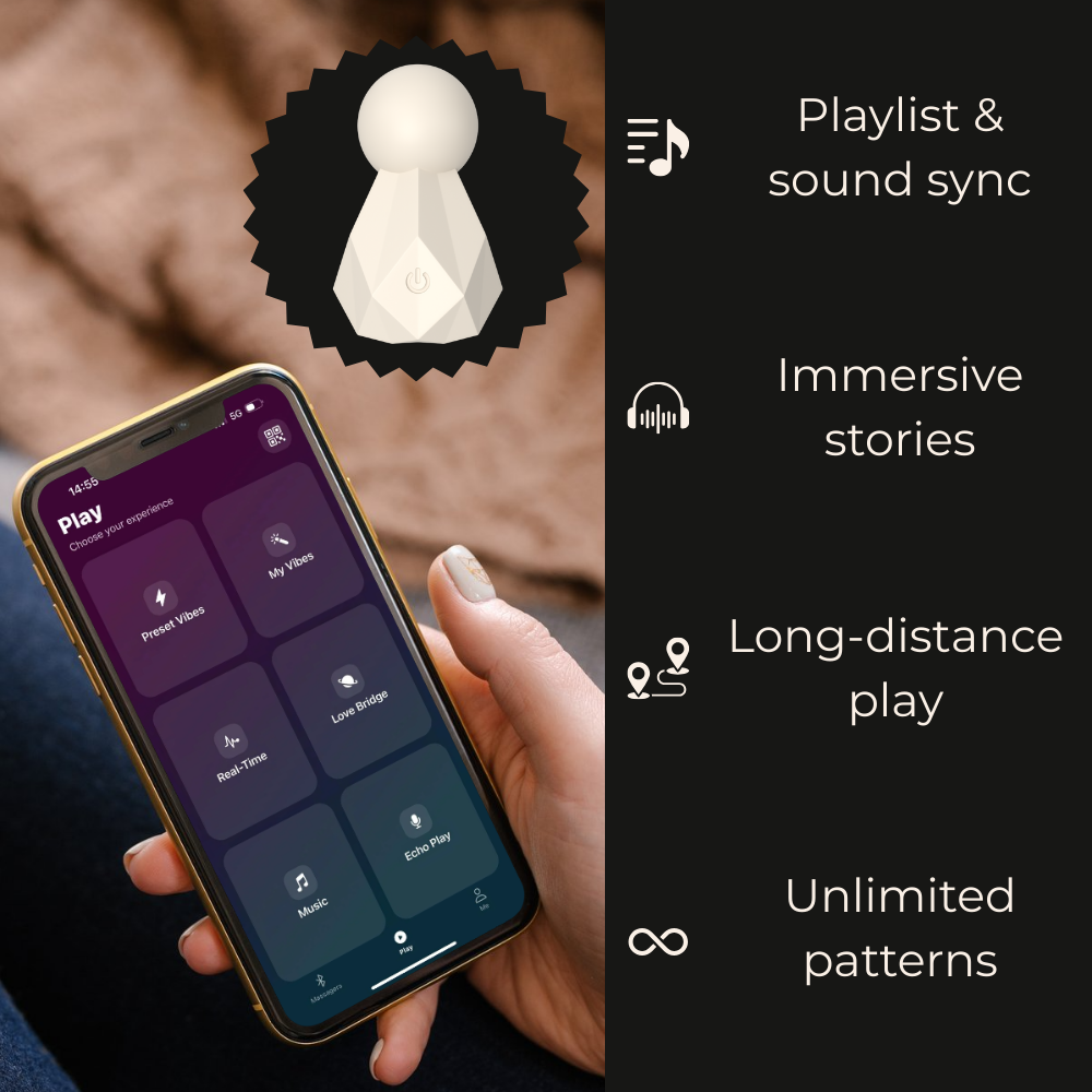 Velvet Rituals Estelle app interface showing playlist sync, immersive stories, long-distance play, and customizable vibration patterns on a smartphone