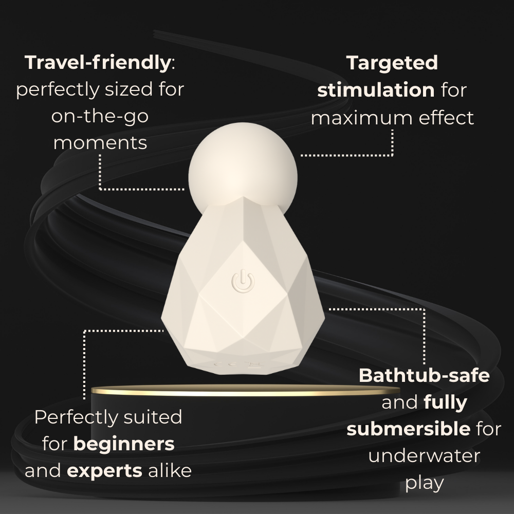 Velvet Rituals Estelle feature highlights showing compact travel-friendly design, targeted stimulation, beginner-friendly use, and fully submersible waterproof build