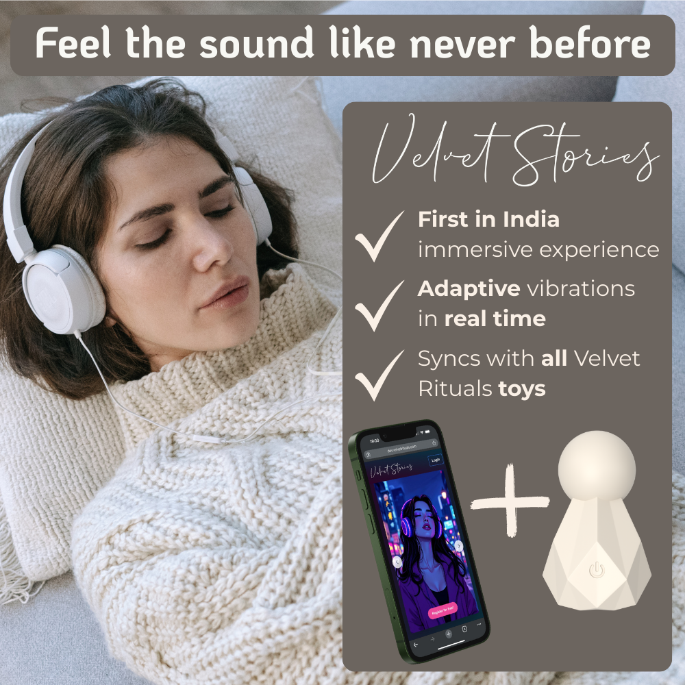 Velvet Rituals Estelle paired with Velvet Stories immersive audio experience, showing real-time sound-synced patterns and app-based storytelling