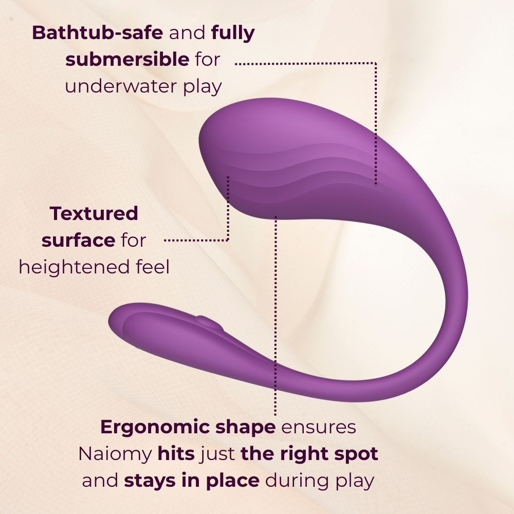 Naiomy by Velvet Rituals showing ergonomic curved shape, textured surface, and fully submersible waterproof design
