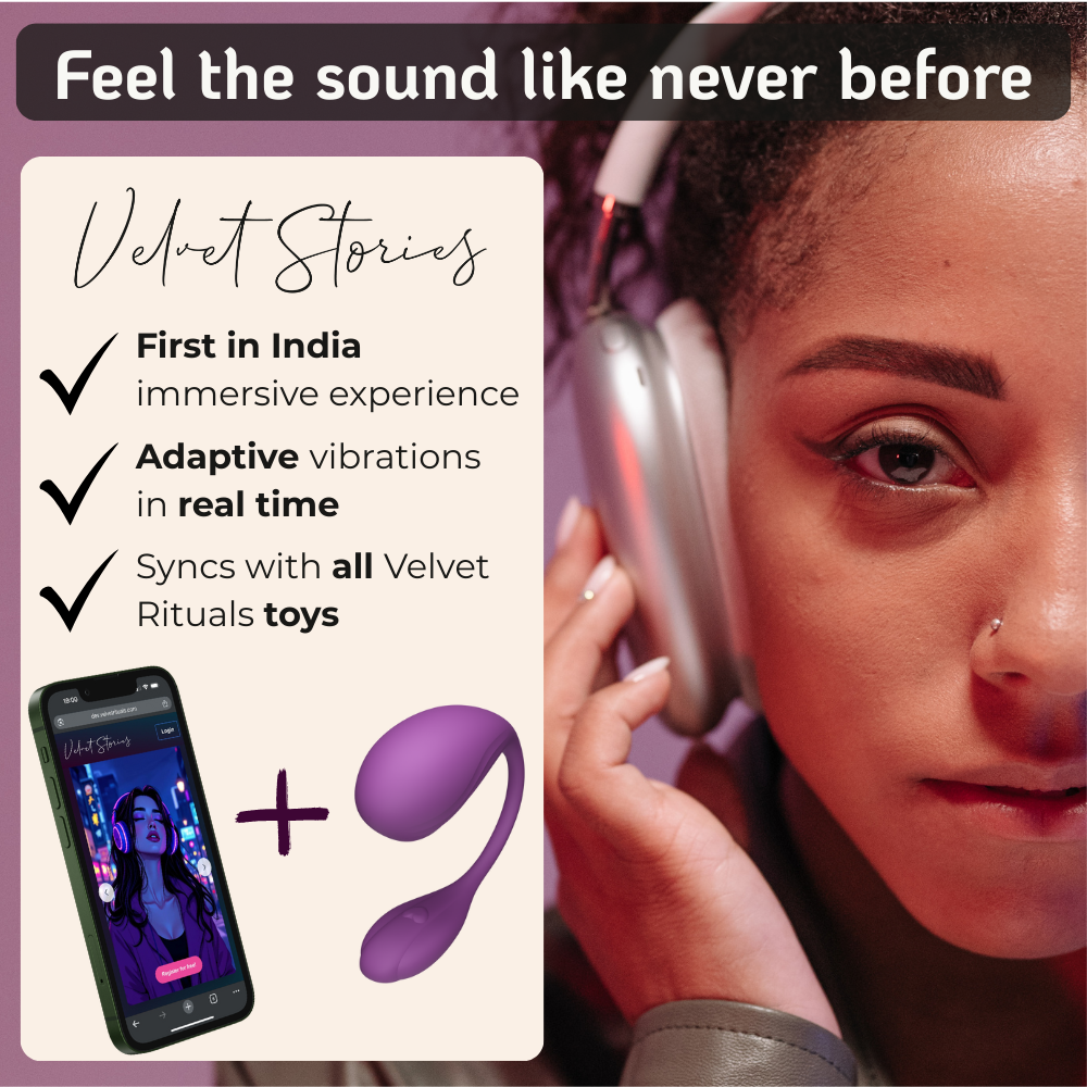 Velvet Rituals Naiomy massager synced with Velvet Stories audio, showing immersive sound-based experience and real-time adaptive vibrations