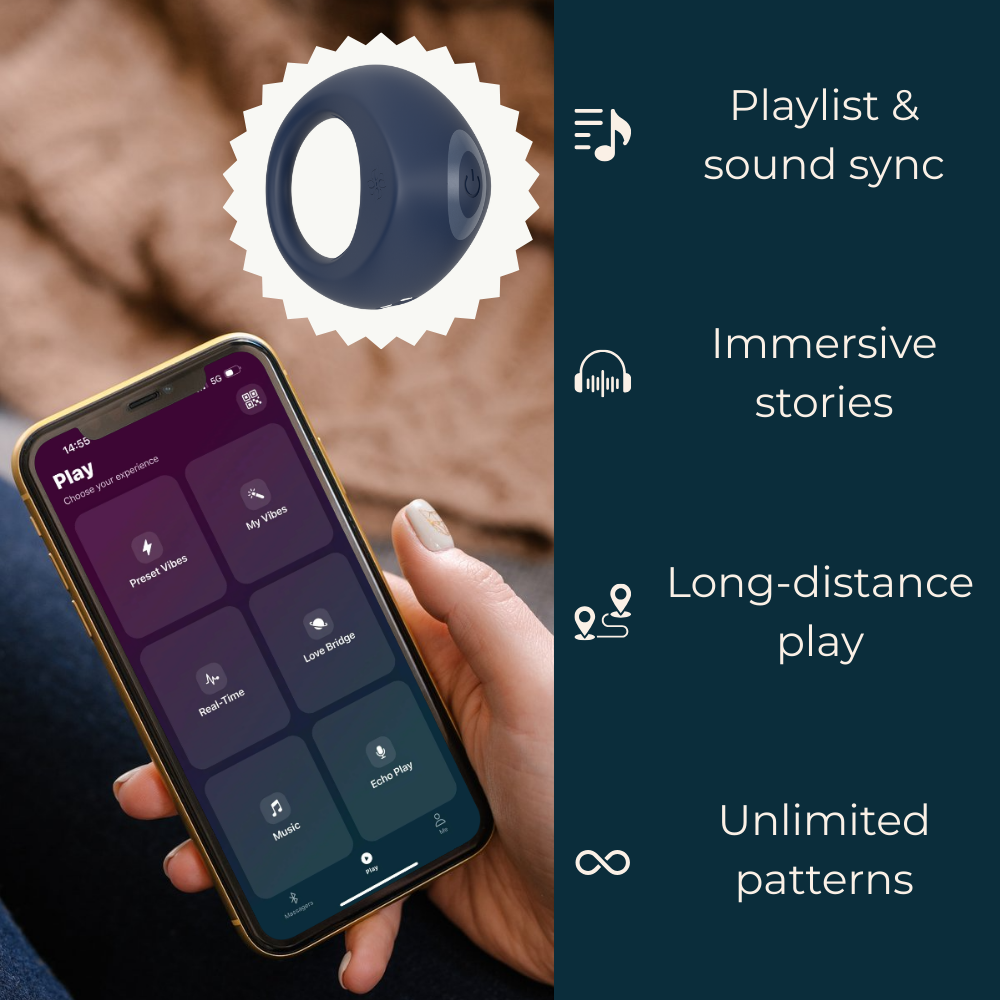 Velvet Rituals Orion wearable ring shown with the Velvet Vibes app interface, highlighting app control, sound sync, long-distance play, and customizable vibration patterns