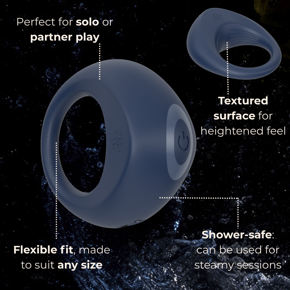 Velvet Rituals Orion adjustable silicone ring with textured surface, designed for flexible fit, enhanced sensation, and shower-safe use for solo or partner play
