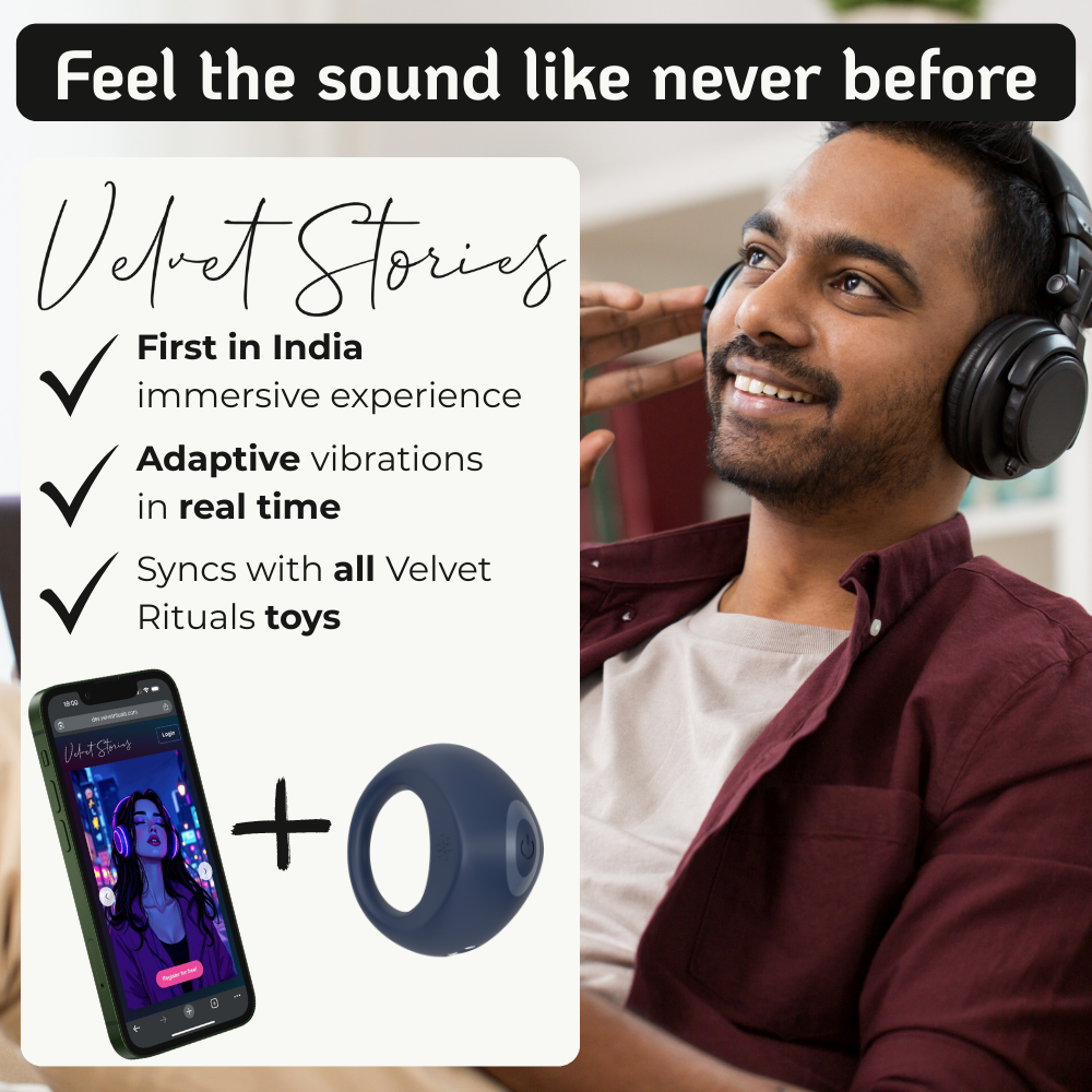 Orion smart ring paired with Velvet Stories audio, showing app-based sound sync and immersive control experience