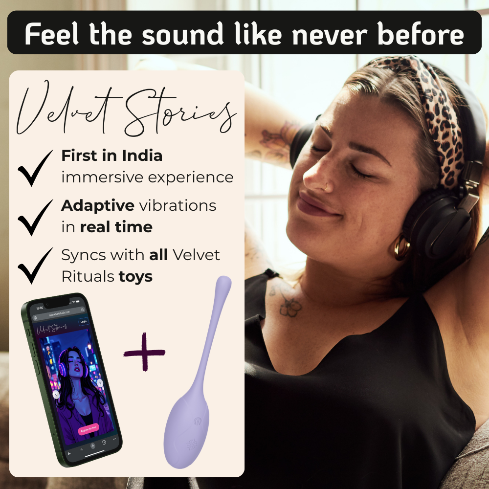 Velvet Rituals Pearl internal massager synced with Velvet Stories immersive audio, shown with app control and real-time adaptive vibrations