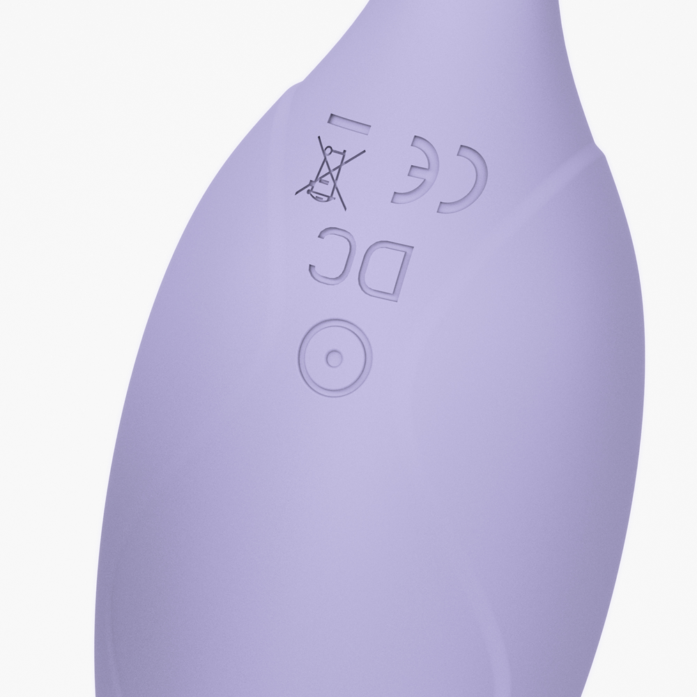 Rear view of the Velvet Rituals Pearl internal massager showing charging contacts and certification markings on a soft lavender silicone body