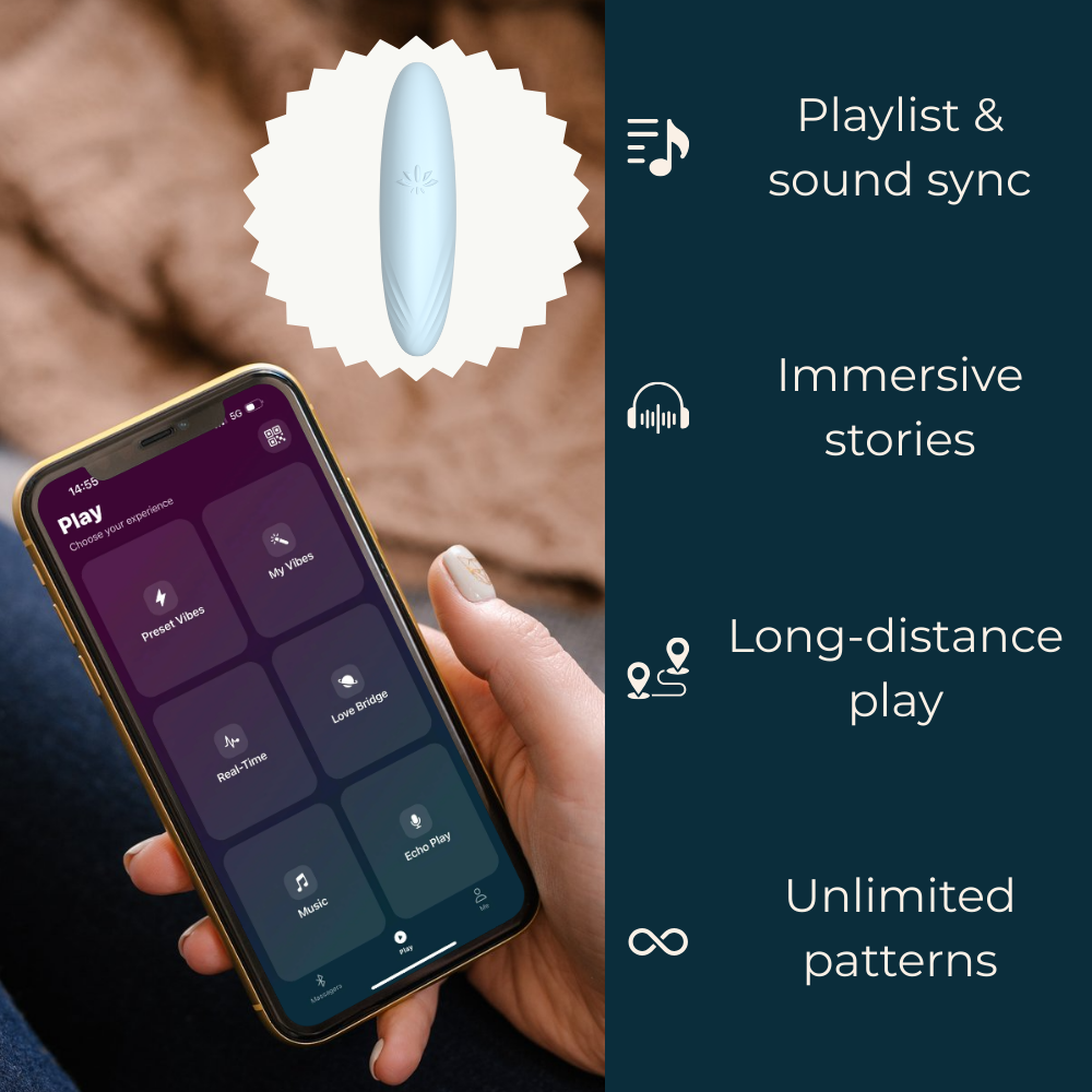 Velvet Rituals Pixie external pleasure device shown connected to the Velvet Rituals app, featuring sound-synced playlists, immersive audio stories, long-distance play, and customizable vibration patterns