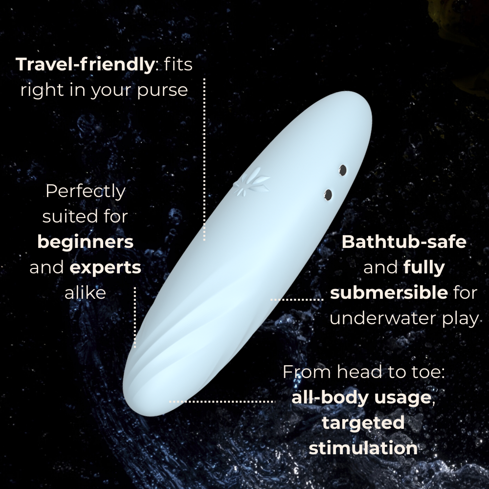 Compact Velvet Rituals Pixie external pleasure device highlighting travel-friendly size, beginner-friendly design, full-body use, and waterproof submersible construction