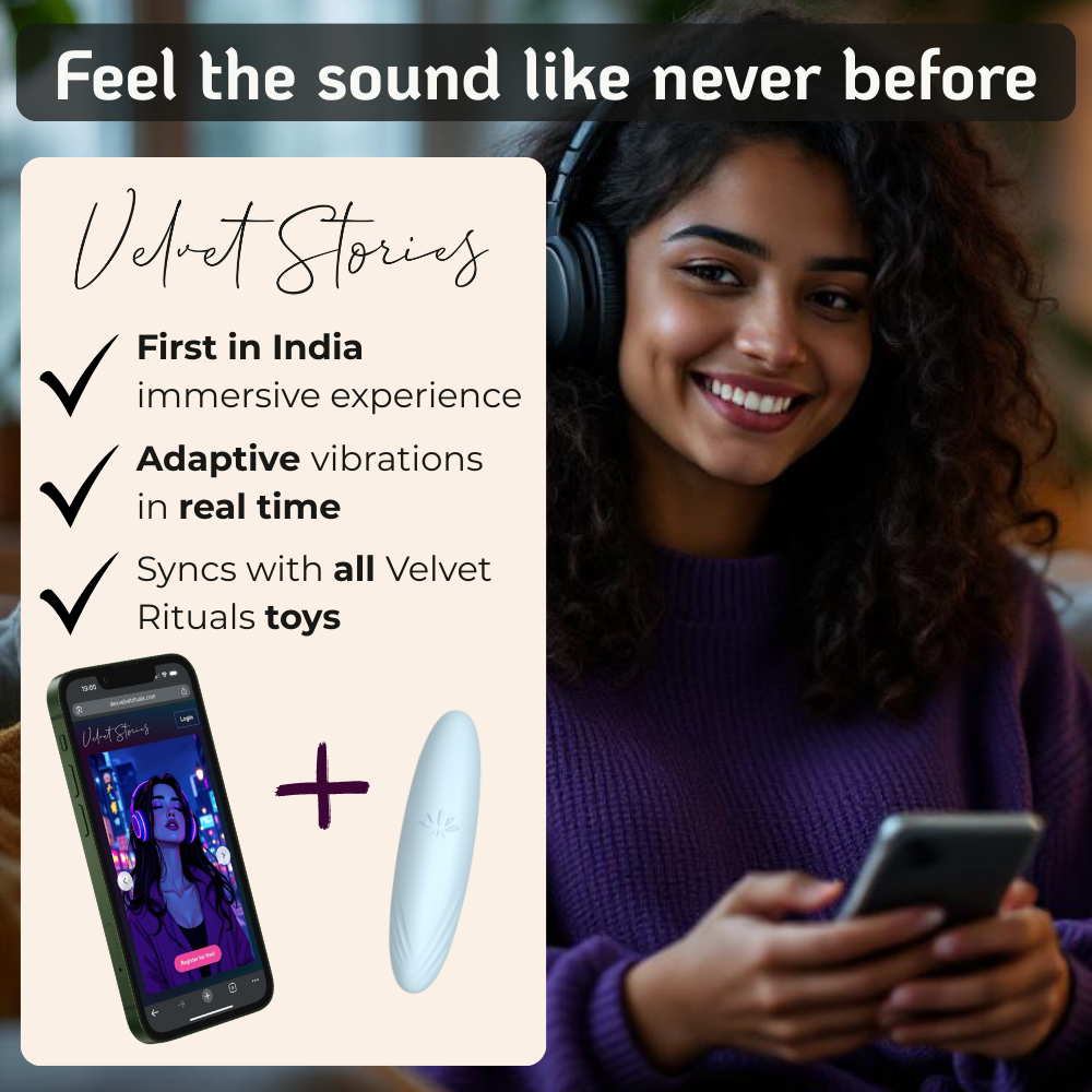Velvet Rituals Pixie external pleasure device shown syncing with Velvet Stories immersive audio content through a smartphone app for real-time adaptive vibrations