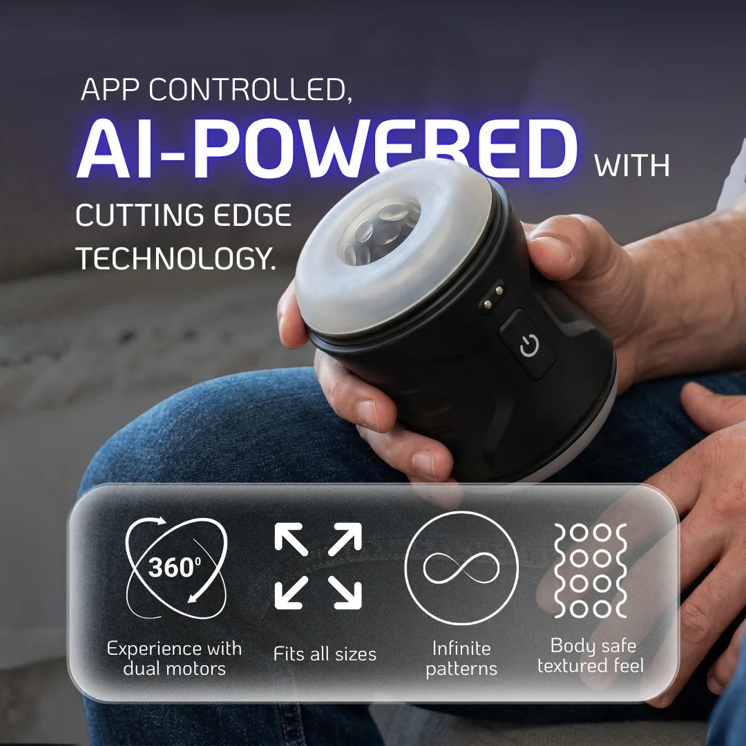Velvet Rituals Vortex app-controlled AI-powered male massager with dual motors, 360-degree stimulation, infinite patterns, universal fit, and body-safe textured sleeve.