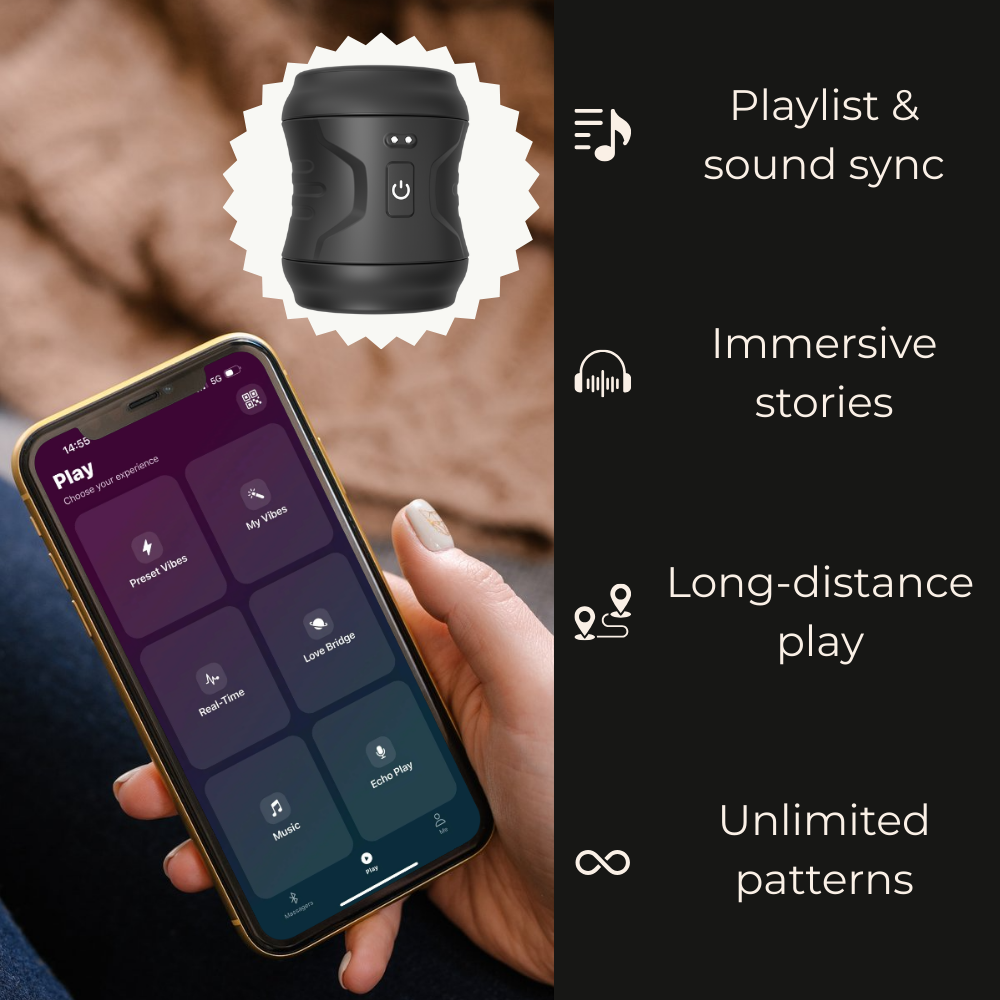 Velvet Rituals Vortex app interface showing app-enabled control, immersive stories, sound sync, and long-distance play features