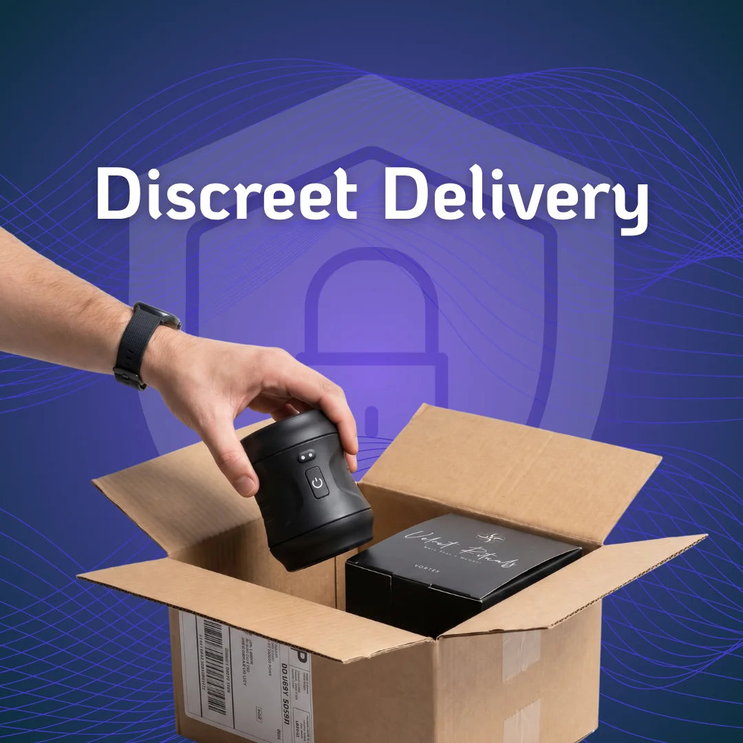 Velvet Rituals Vortex men massager discreet delivery - plain cardboard box packaging with no branding visible on exterior for private shipping.