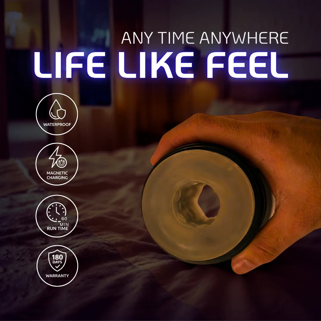 Velvet Rituals Vortex men massager lifelike textured sleeve - waterproof, magnetic charging, 60-minute runtime, and 180-day warranty.