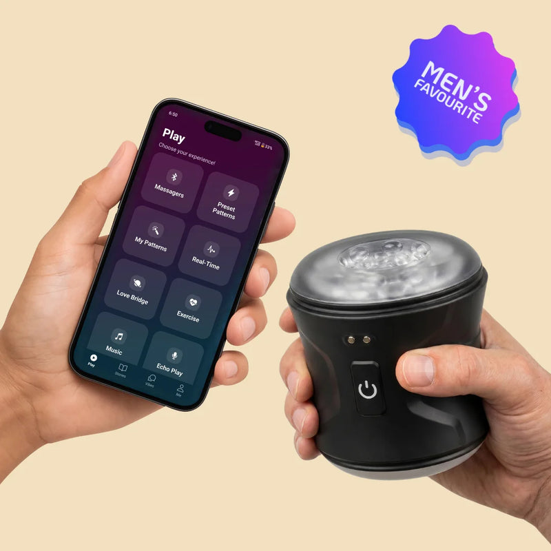 Velvet Rituals Vortex app-controlled male massager with Velvet Vibes app showing preset patterns, real-time control, Love Bridge, exercise, music, and echo play modes.