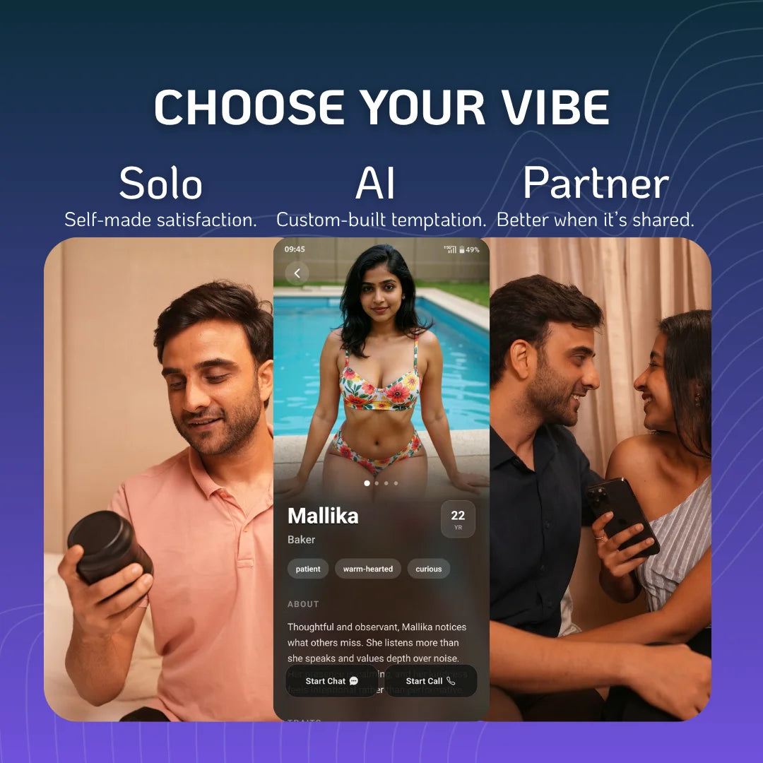Velvet Rituals Vortex massager usage modes - solo, AI Partner via Velvet Vibes app, and partnered - with app interface showing AI character Mallika.