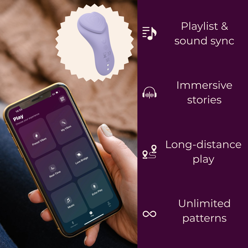 Velvet Rituals Whisper smart massager displayed with mobile app interface, highlighting sound sync, immersive stories, and remote control features