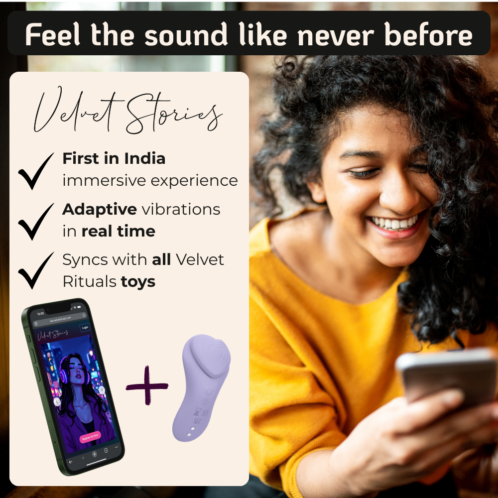 Velvet Rituals Whisper paired with Velvet Stories app, showing immersive audio content and app-controlled vibration features for a personalized experience