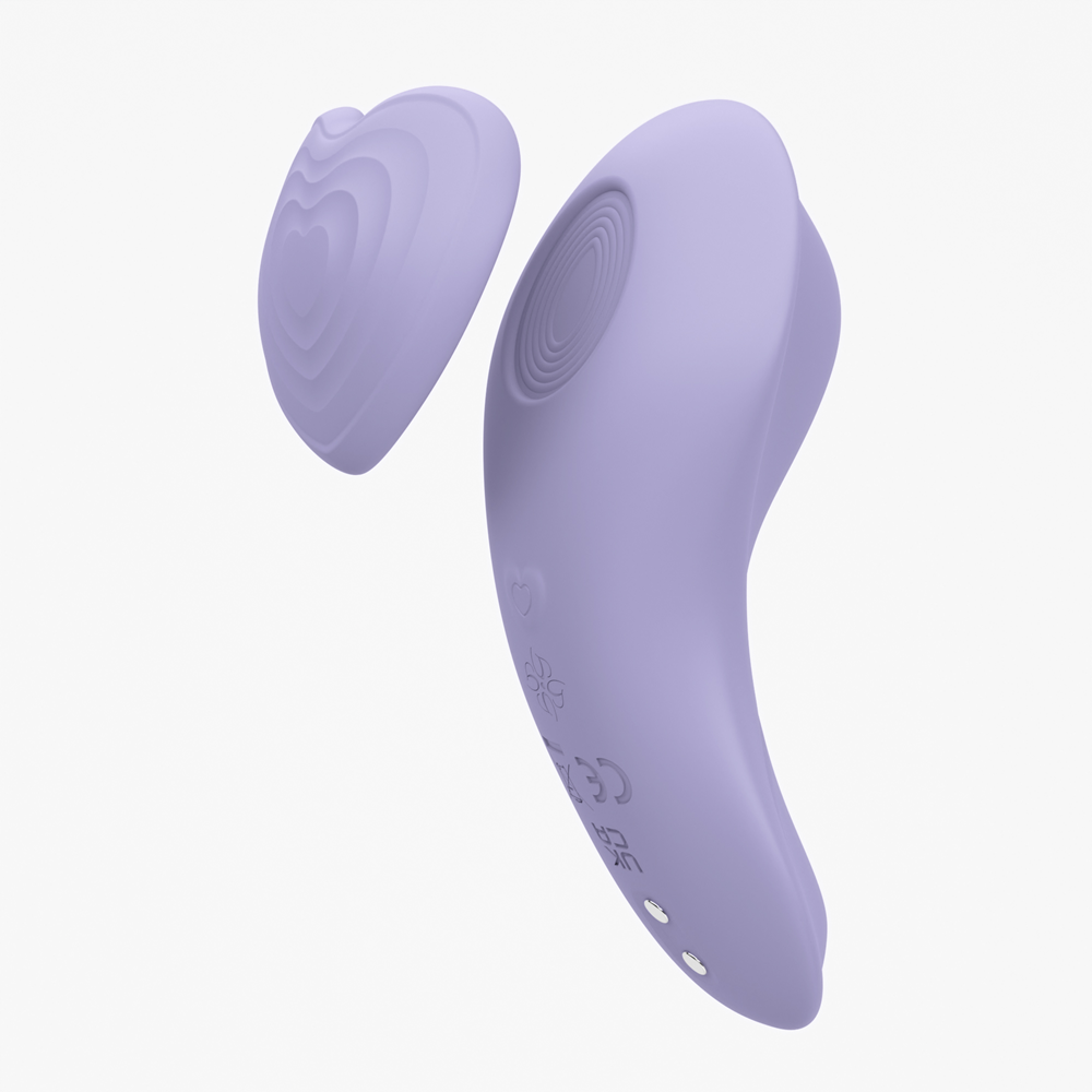 Velvet Rituals Whisper wearable massager shown on a white background, highlighting its ergonomic curved body and soft textured head design
