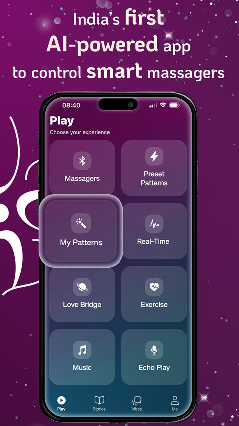 Phone screen displaying an AI-powered app interface for controlling smart massagers on a purple background. This is Velvet Vibes App by Velvet Rituals.