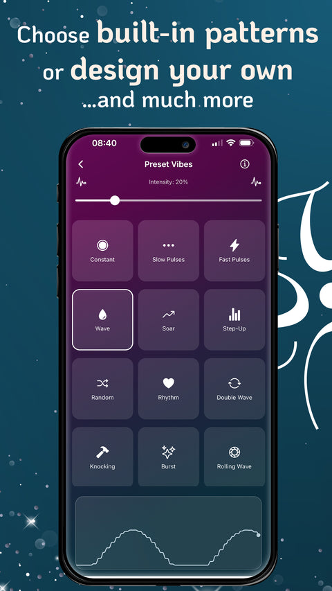 Phone screen displaying a Velvet Vibes App by Velvet Rituals, showing preset patterns for a massager.
