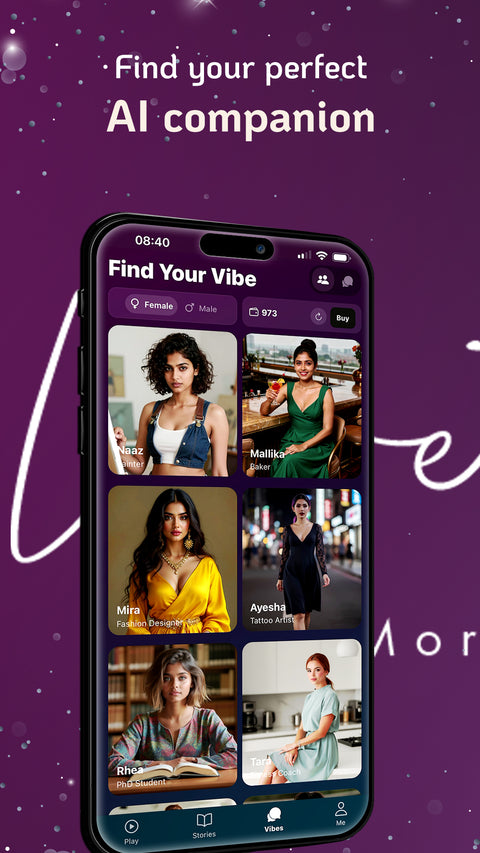 Phone screen displaying an app interface with profile pictures ir Ai girlfriends in Velvet Vibes App by Velvet Rituals.