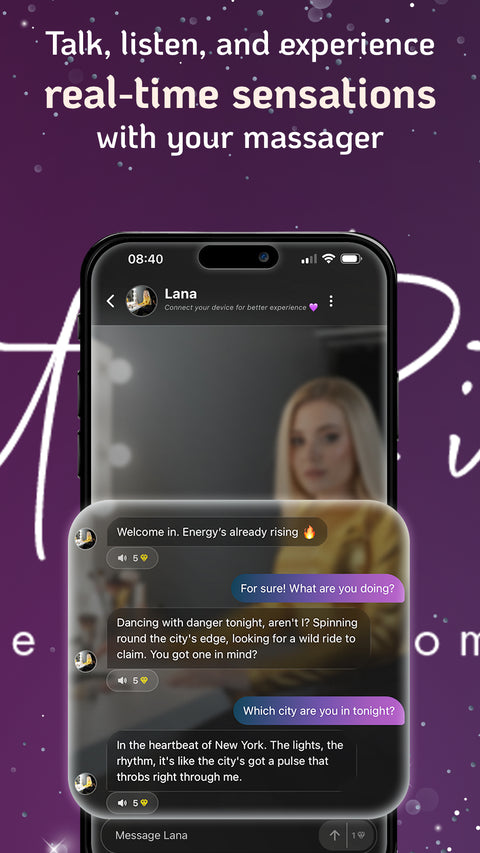 Phone screen showing a messaging app, Ai girlfriend Lana in a chat with the user on Velvet Vibes App by Velvet Rituals.