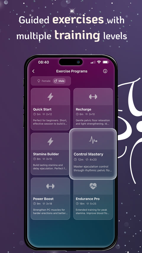 Phone screen displaying exercise programs for a massager with a purple background. Popular with men using Vortex massager. This is Velvet Vibes App by Velvet Rituals.