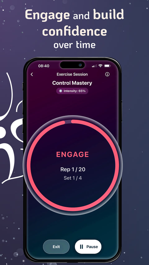Phone screen showing a fitness app with 'Engage' and 'Control Mastery'. This shows the exercise feature with massagers. on Velvet Vibes App by Velvet Rituals. Popular with men using Vortex.