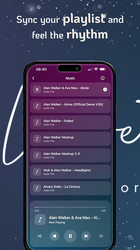 Phone screen displaying a music app with a list of songs which can sync with your massager on Velvet Vibes App by Velvet Rituals.