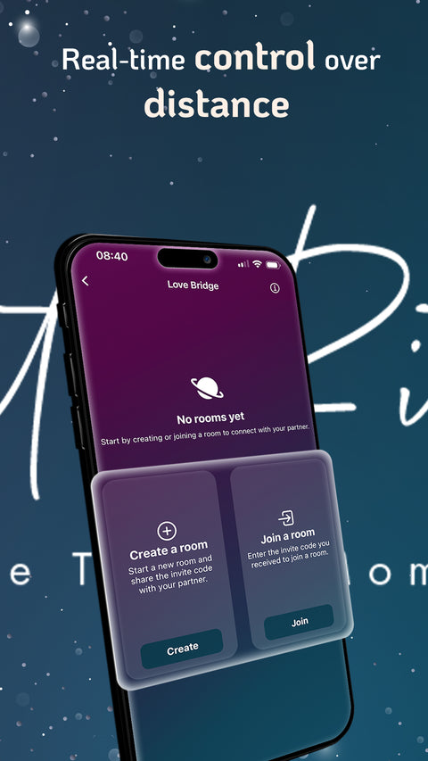 Smartphone displaying an app interface showing long distance massager control. It shows where to create and jon a room. This is Velvet Vibes App by Velvet Rituals.