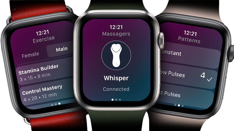 Three smartwatches displaying different screens with text and icons, showing the massager being controlled by Apple Watch. Works with Velvet Vibes App by Velvet Rituals.