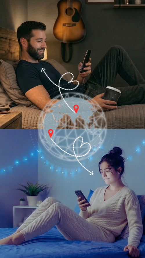In relationship partners using smartphones in a cozy indoor setting with decorative elements to control each others massagers with Velvet Vibes App by Velvet Rituals. 