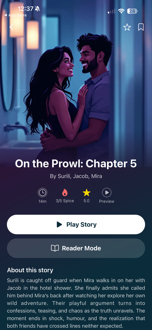 Image of a couple embracing and text 'On the Prowl: Chapter 5' displayed. Part of Velvet Stories by Velvet Rituals, available on Velvet Vibes App.