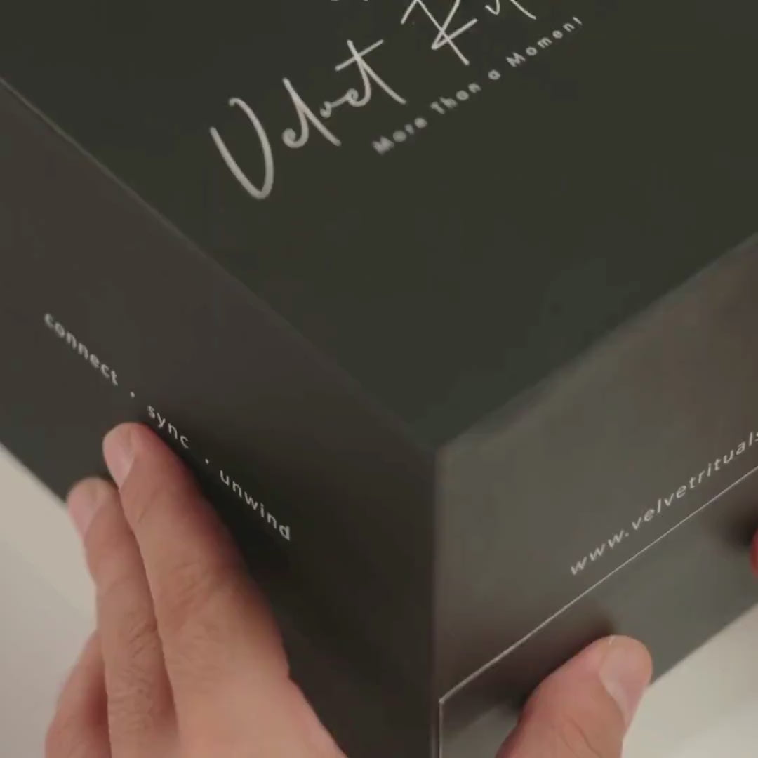 Velvet Rituals Vortex app-connected male massager unboxing overview showing device, charging cable, lubricant, and accessories included in the box.