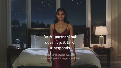 Banner video by Velvet Rituals showing AI companion characters in a bedroom, living room, and beach setting, introducing an always-available AI experience accessible through the Velvet Vibes app.
