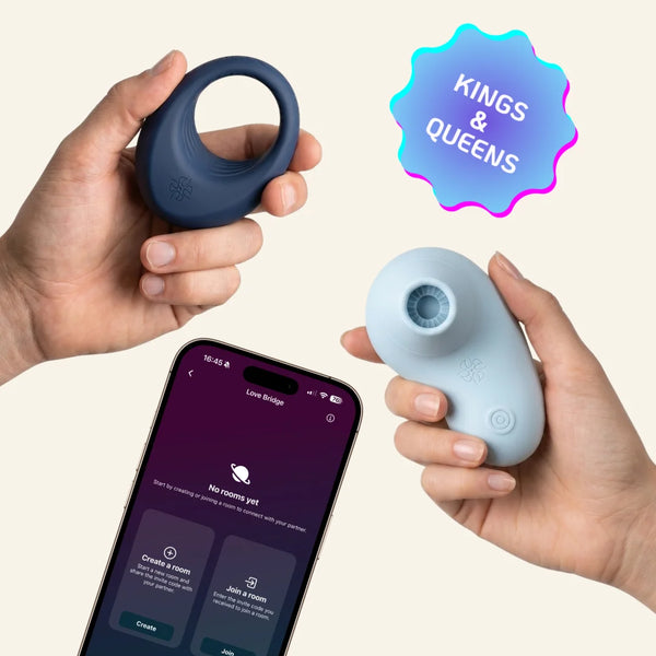 Velvet Rituals Aurora and Orion couples massager combo with Velvet Vibes app Love Bridge mode for synced long-distance partner control-