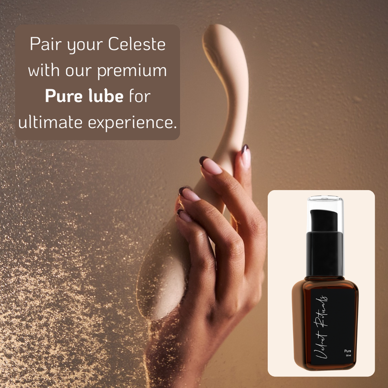 Velvet Rituals Celeste massager paired with Pure premium lube for a smooth, enhanced pleasure experience