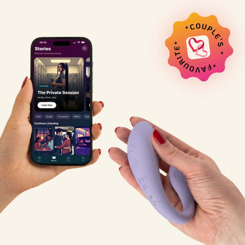 Velvet Rituals Eclipse couples massager with Velvet Vibes app showing immersive audio stories section - couples favourite app-connected wearable massager.