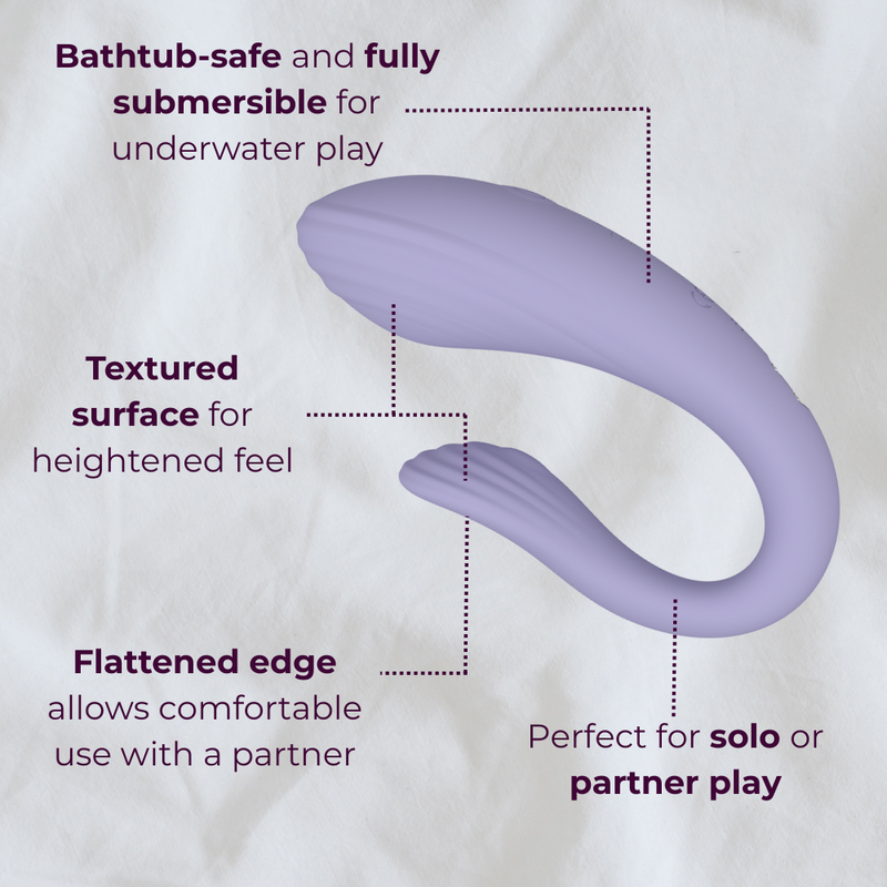 Velvet Rituals Eclipse couples massager highlighting textured surface, waterproof design, and ergonomic shape for solo or partner play